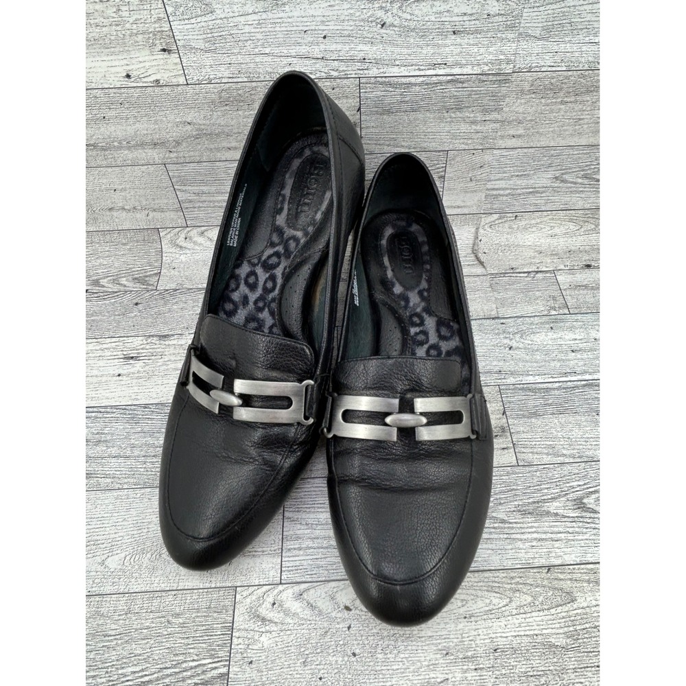 Born Black Leather Loafers Silver Hardware Flats D05003 Women US 10 EU 42
